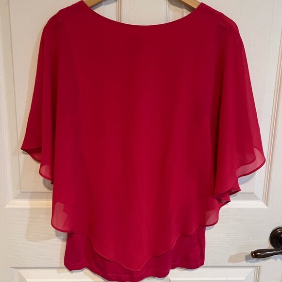 AGB Blouse Womens Large Red Chiffon Layered Sheer Overlay Dressy Top Flowing - Picture 3 of 3